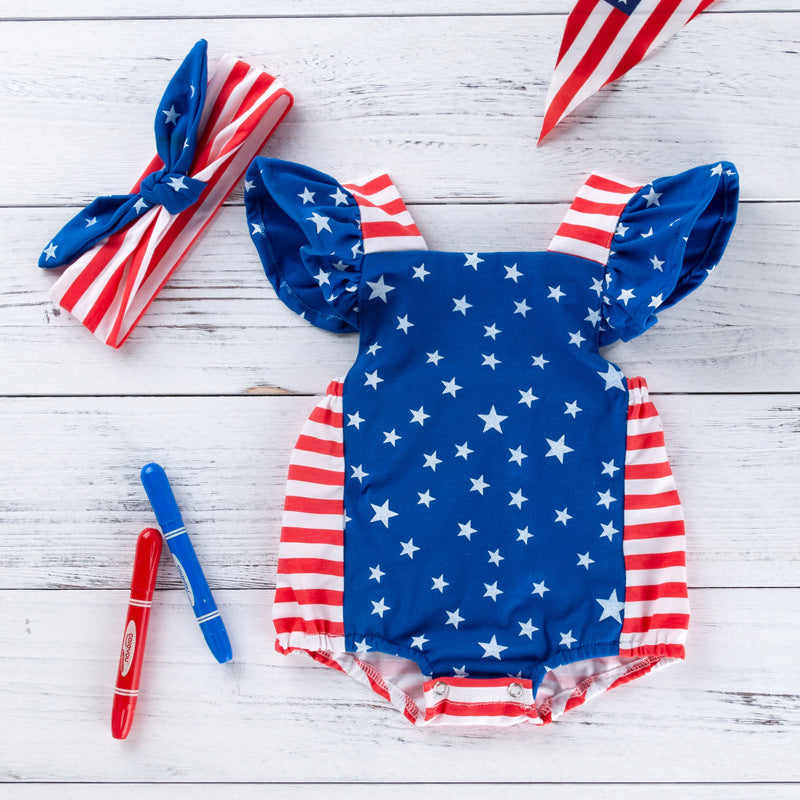 Baby Girl American Independence Day Star Flying Sleeve Romper