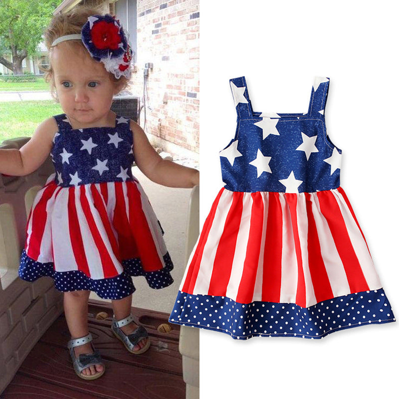 Kid Girl 4th Of July independence Day Stars Print A-line Tank Dress