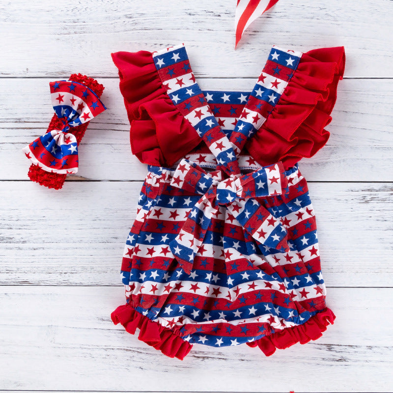 Baby Girl American Independence Day Star Flying Sleeve Romper