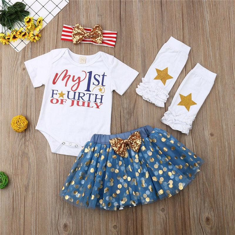 Baby Girls Letter Tops Tulle Sequin Skirt 4th of July Independence Day Sets