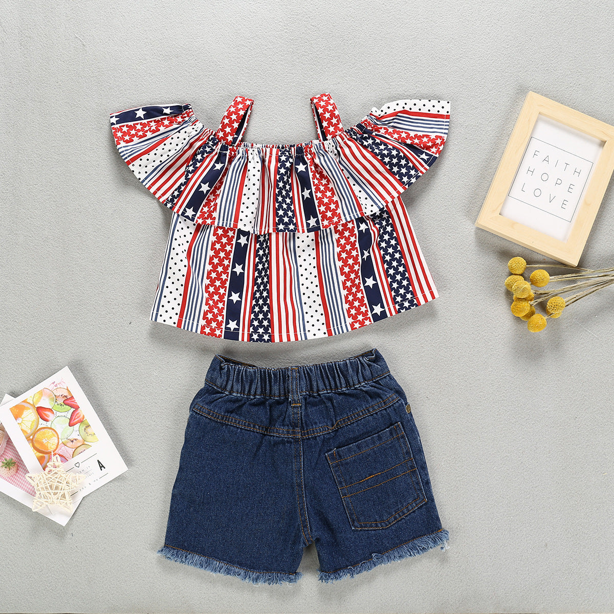 Kid Baby Girl Independence Day Off Shoulder Ruffle Striped Outfits Set
