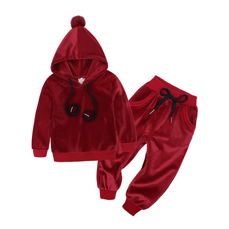 Kid Baby Boys Girls Golden Velvet Casual Hairball 2 Pcs Sets