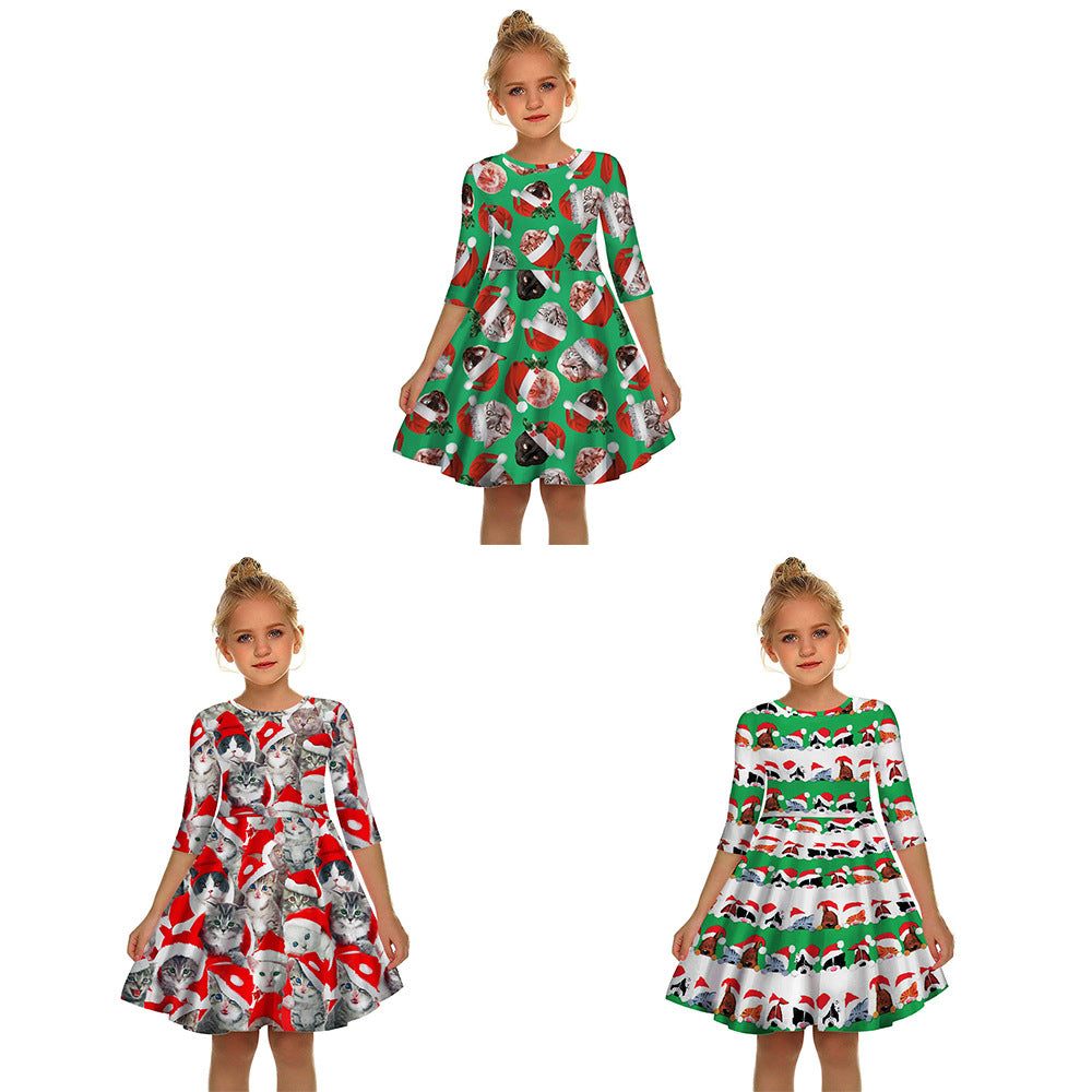 Kid Girls Mid-sleeve Kitty Christmas Digital Print Dresses