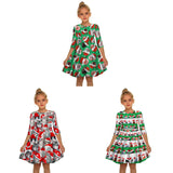 Kid Girls Mid-sleeve Kitty Christmas Digital Print Dresses