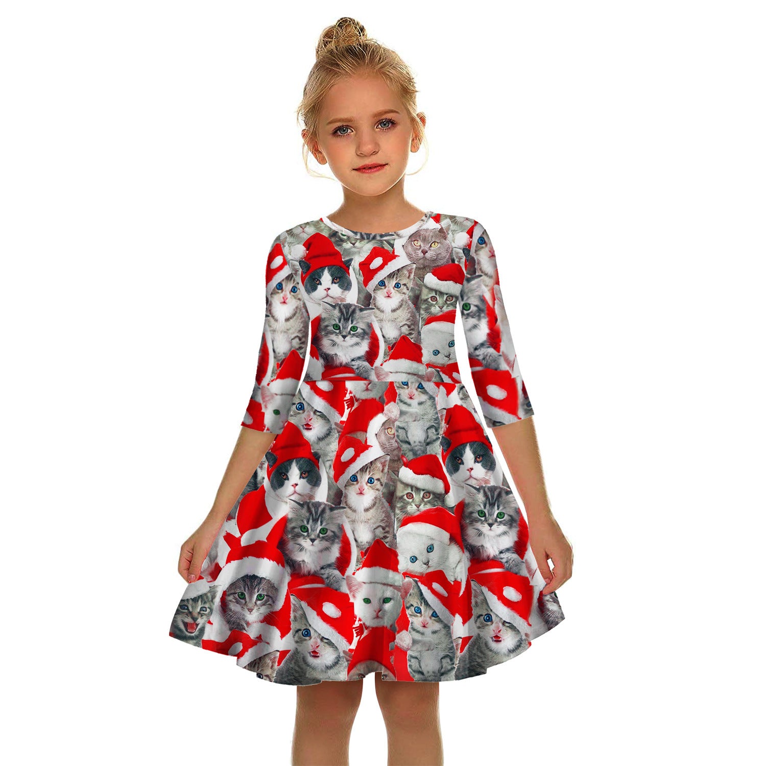 Kid Girls Mid-sleeve Kitty Christmas Digital Print Dresses