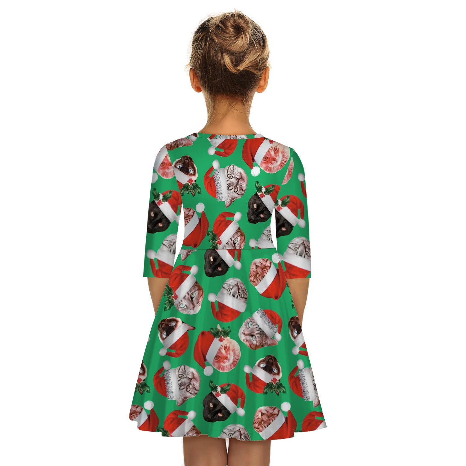 Kid Girls Mid-sleeve Kitty Christmas Digital Print Dresses