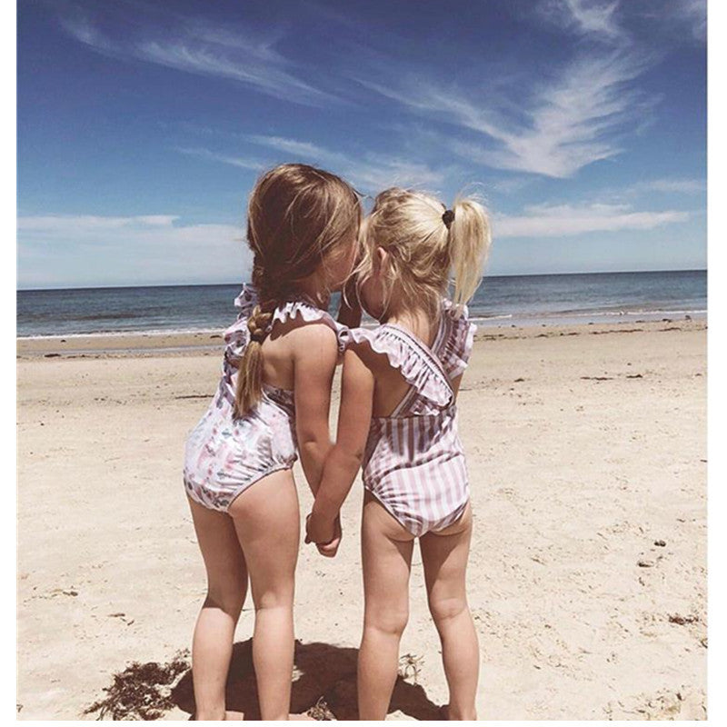 Baby Girl Striped Fly Edge One Piece Cute Swimsuit