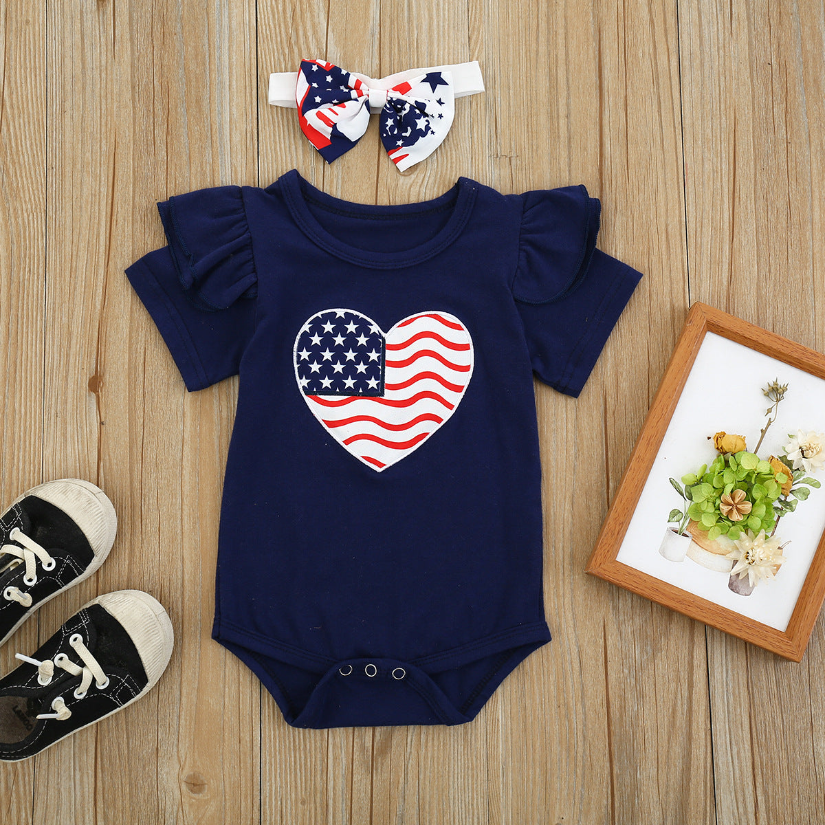 Baby Girl July 4th Independence Day Flying Sleeve Jumpsuit Suspender Short Sets
