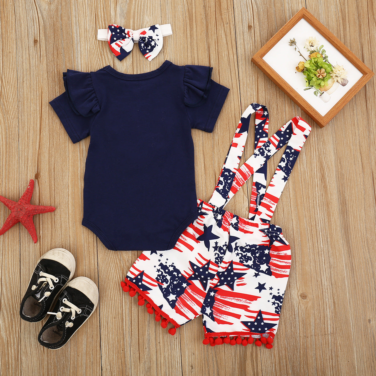 Baby Girl July 4th Independence Day Flying Sleeve Jumpsuit Suspender Short Sets