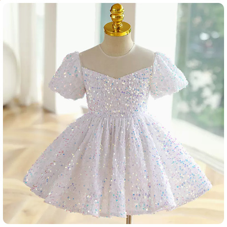 Kid Baby Girl Sequin Bubble Sleeve Princess Performance Dress