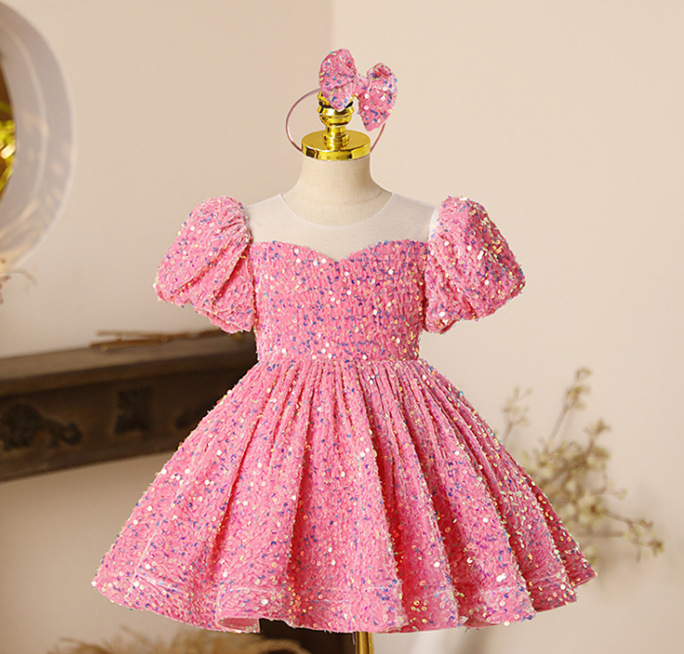 Kid Baby Girl Sequin Bubble Sleeve Princess Performance Dress