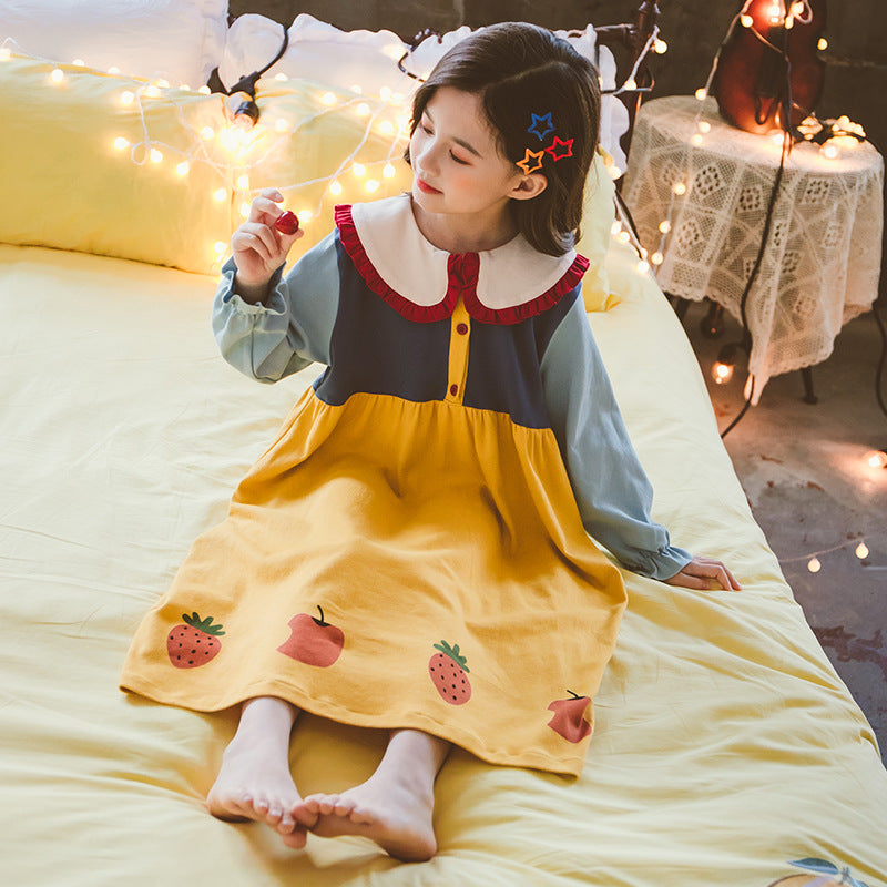 Kid Girls Cotton Nightwear Loose Long Sleeved Pajamas