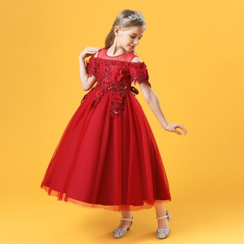 Kid Girl Princess Lace One-line Shoulder Long Flower Wedding Dresses