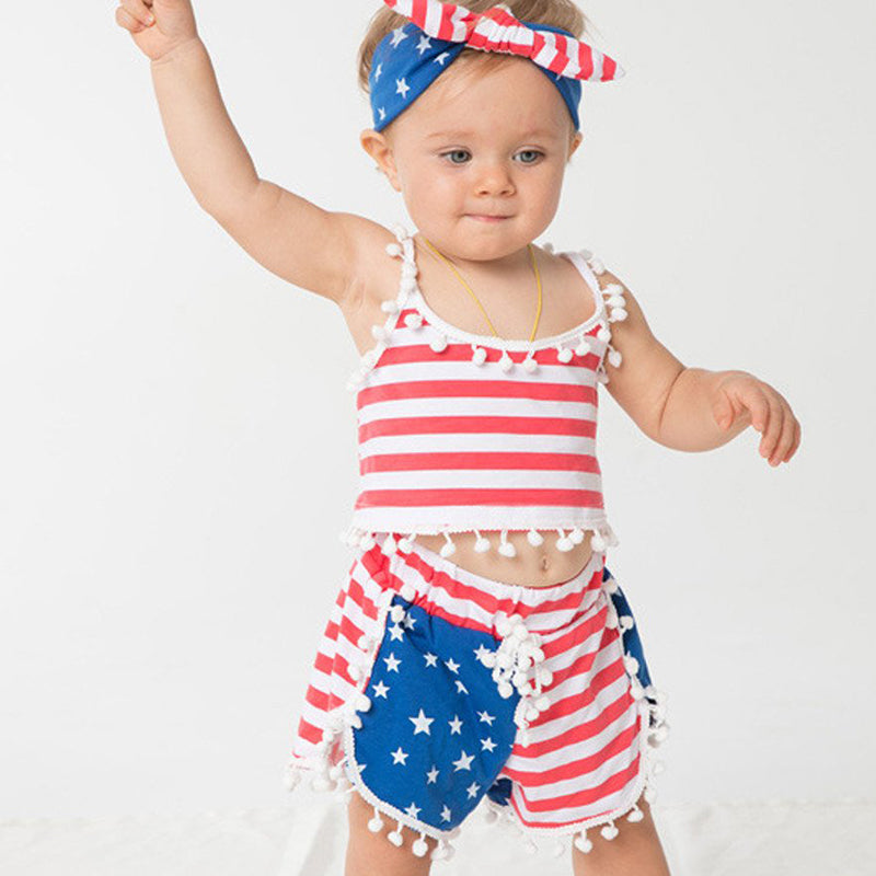 Baby Girls 4th-of-July Independence Day Sleeveless Tassels Stars Stripes Sets