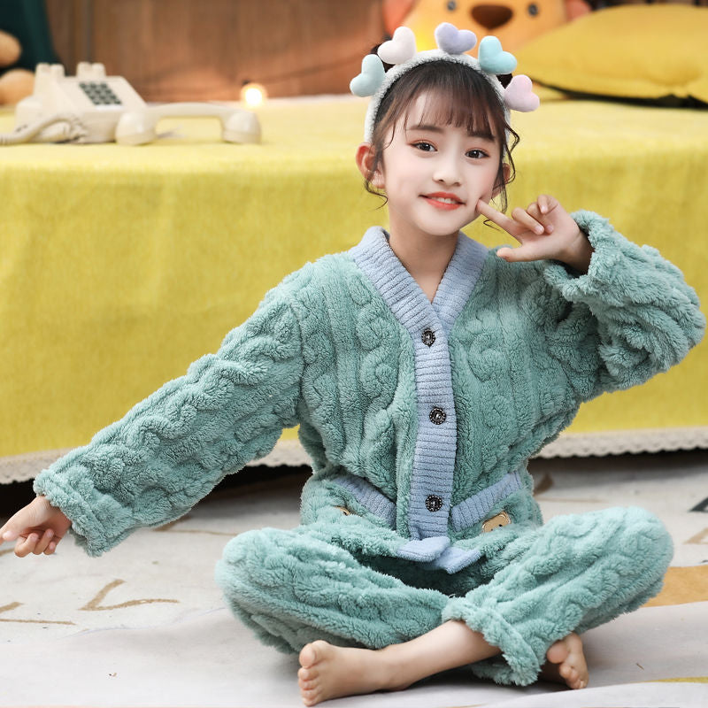 Kid Girl Autumn Winter Coral Velvet Flannel Thickened Pajamas