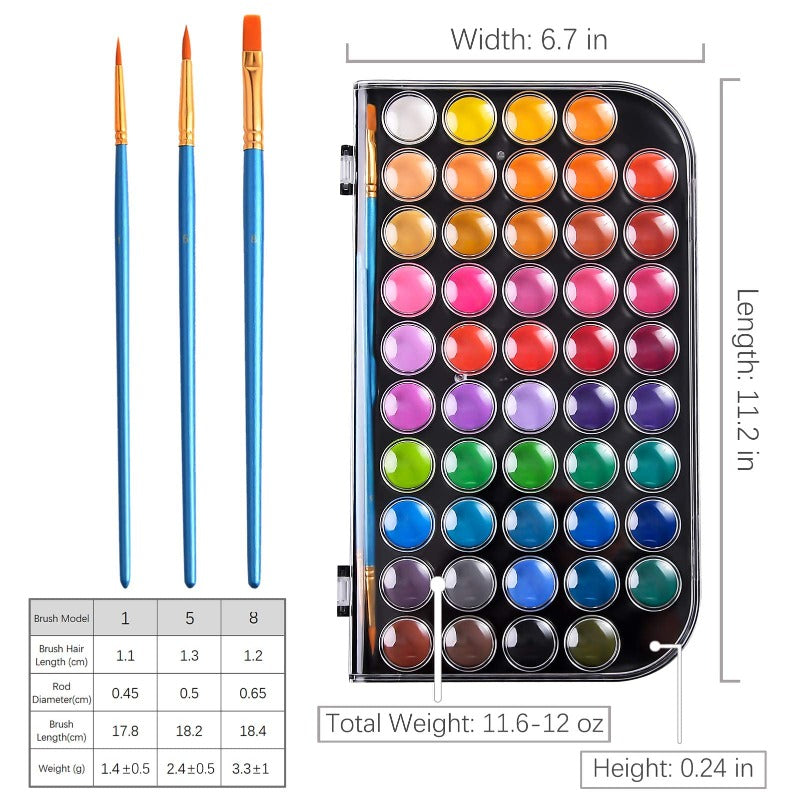 48 Colors Washable Non-toxic Watercolor Paint Set with 3 Brushes and Palette