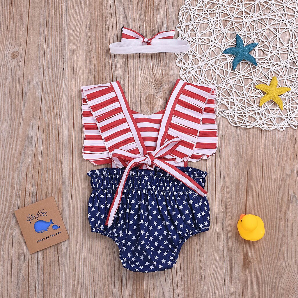 Baby Girls 4th of July Independence Day Stars Striped Backless Rompers