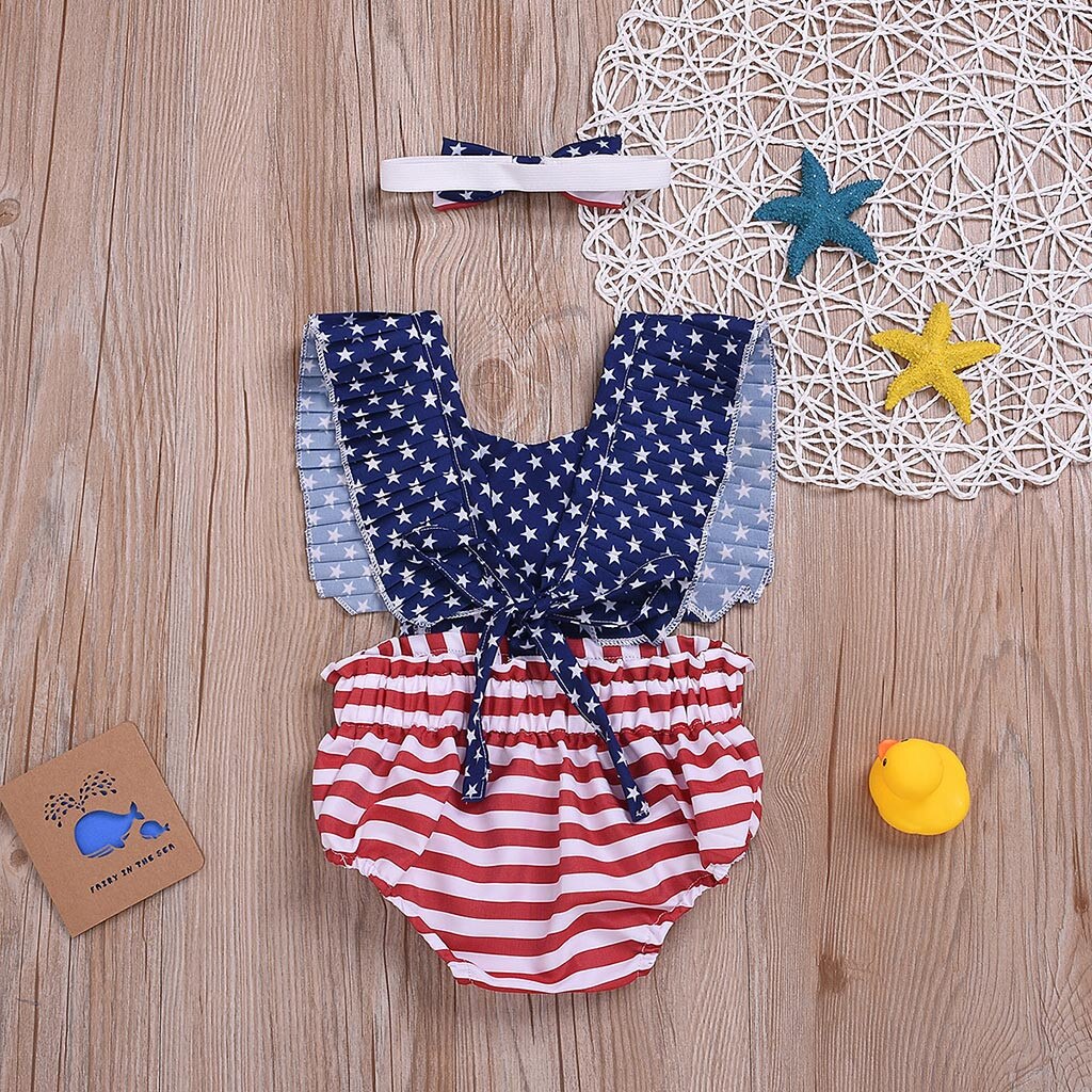Baby Girls 4th of July Independence Day Stars Striped Backless Rompers