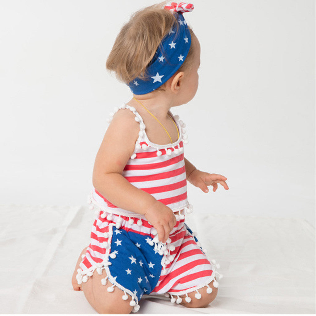 Baby Girls 4th-of-July Independence Day Sleeveless Tassels Stars Stripes Sets