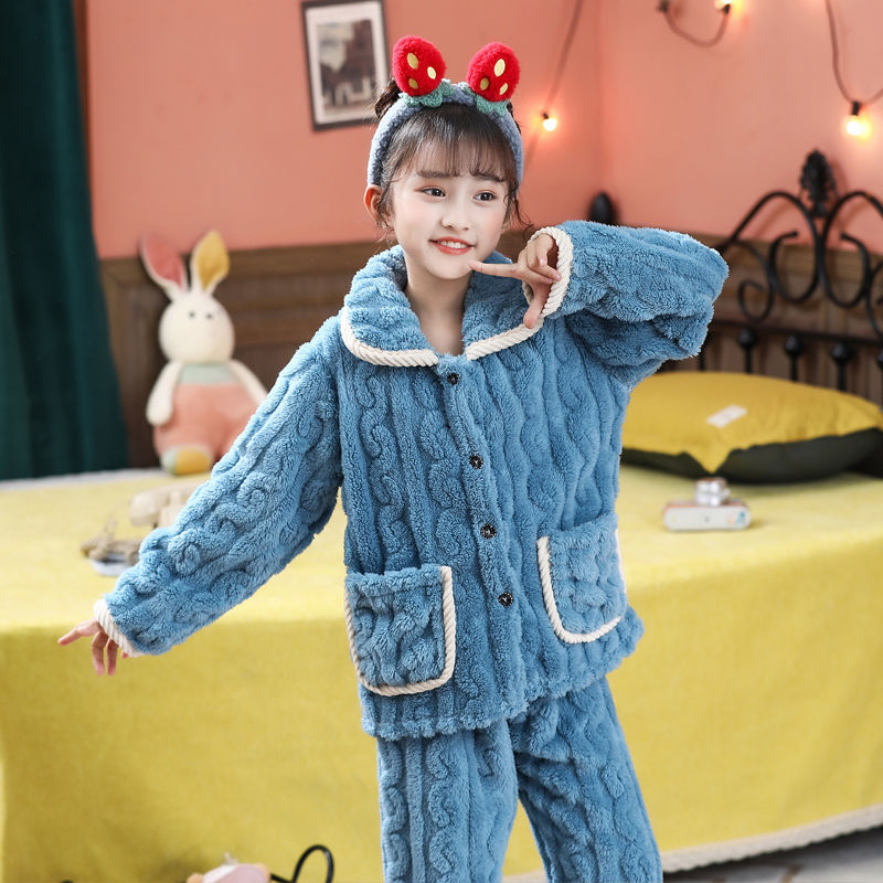 Kid Girl Autumn Winter Coral Velvet Flannel Thickened Pajamas
