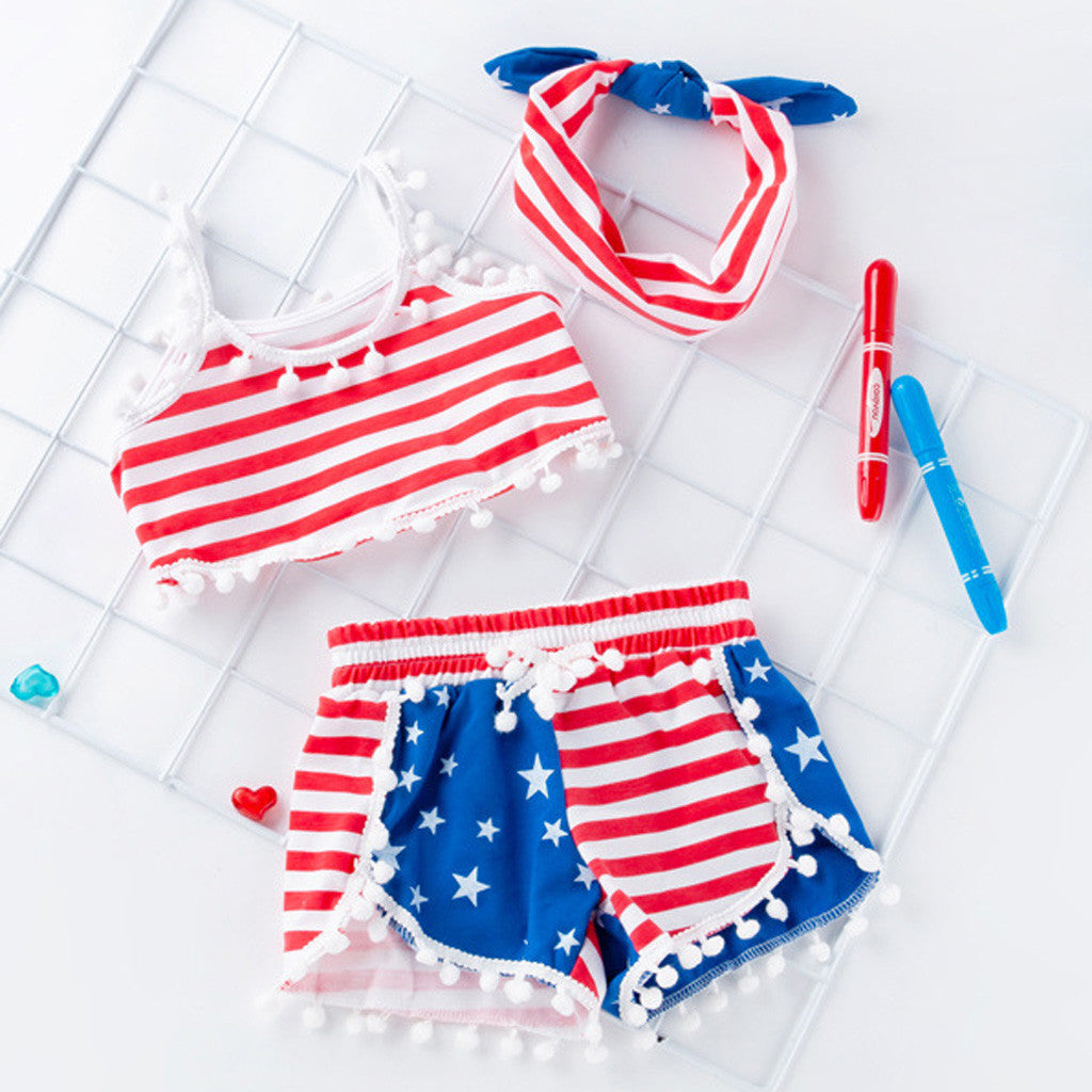 Baby Girls 4th-of-July Independence Day Sleeveless Tassels Stars Stripes Sets