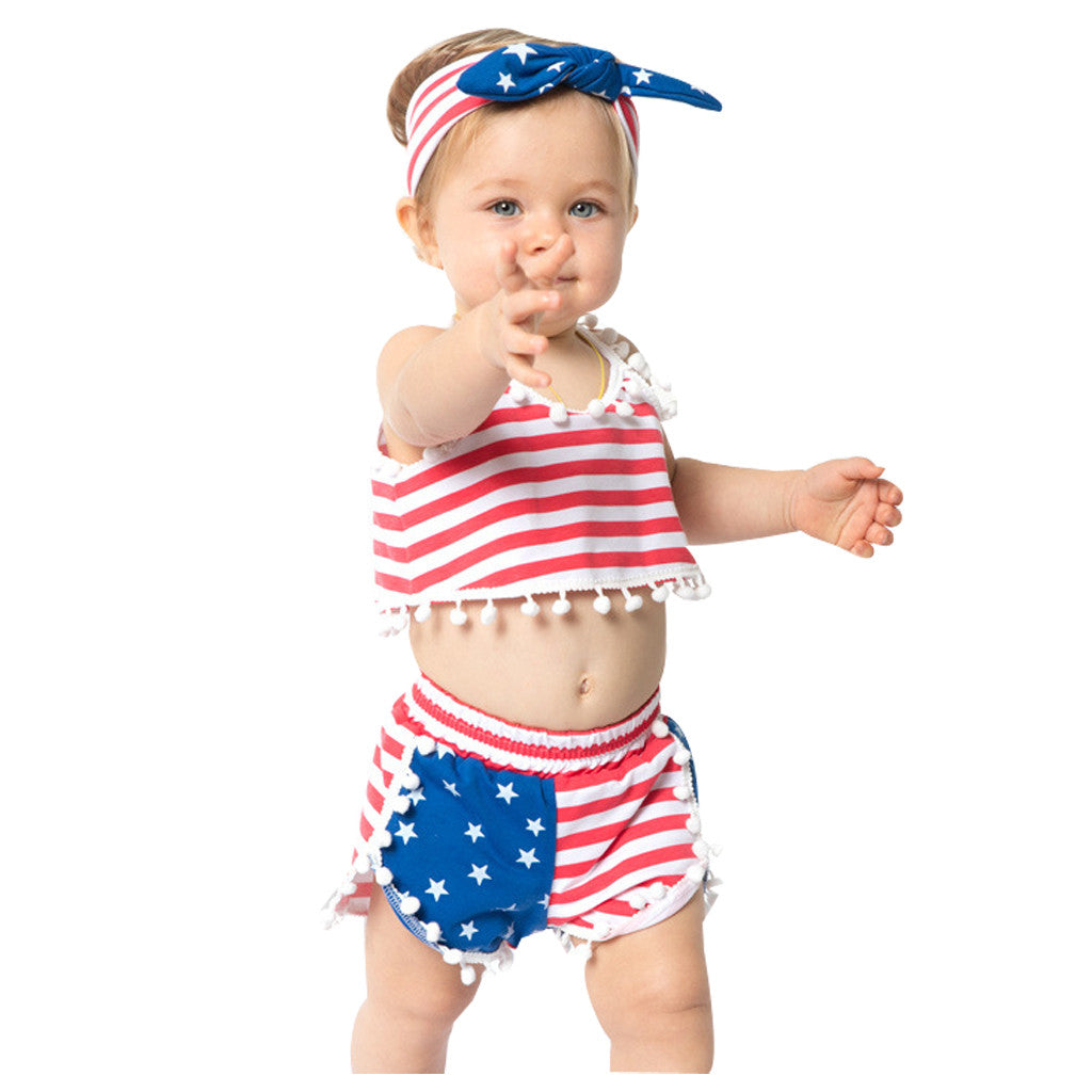 Baby Girls 4th-of-July Independence Day Sleeveless Tassels Stars Stripes Sets