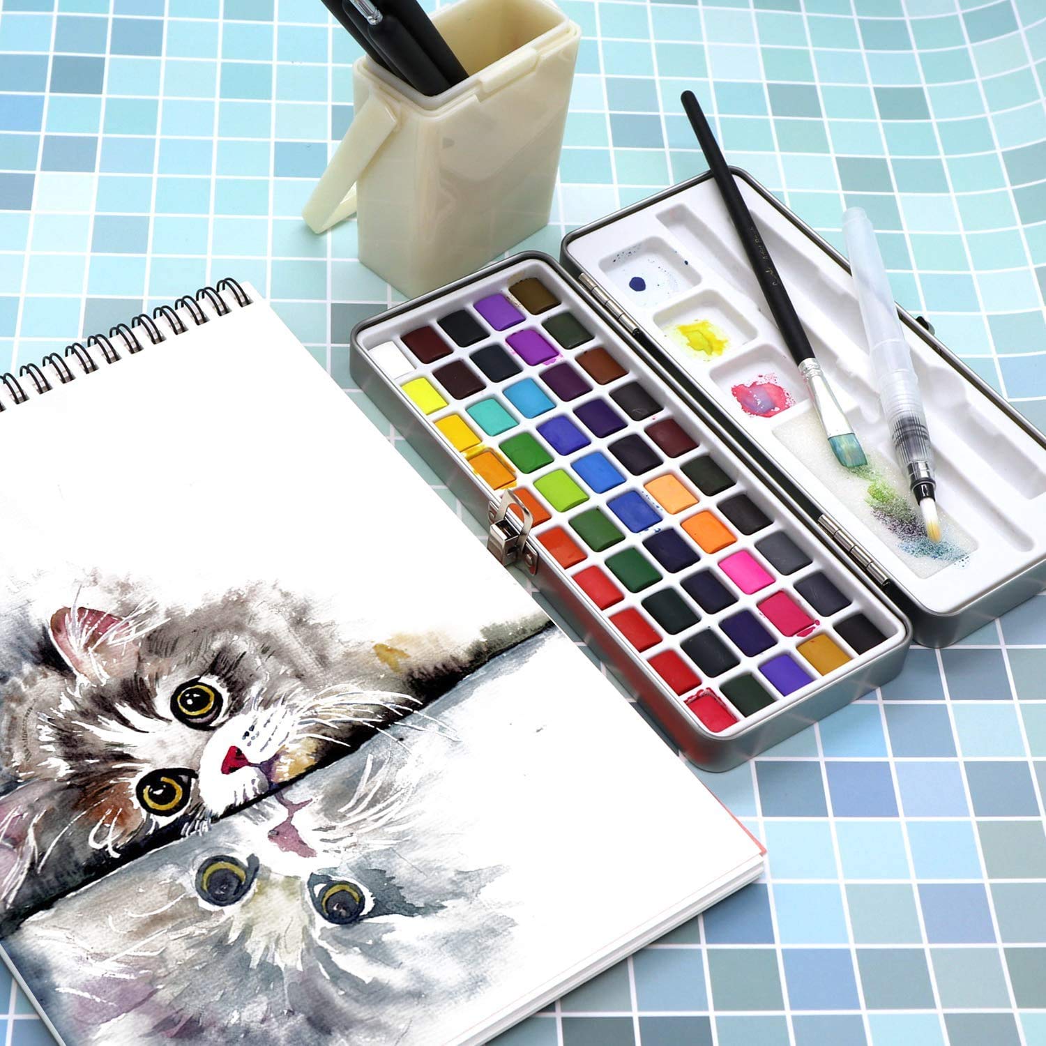50 Solid Watercolors Paint Set Water Color Kit with Paint Brush
