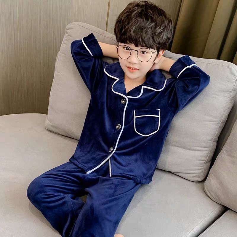 Kid Boys Coral Velvet Padded Flannel Autumn Winter Pajamas