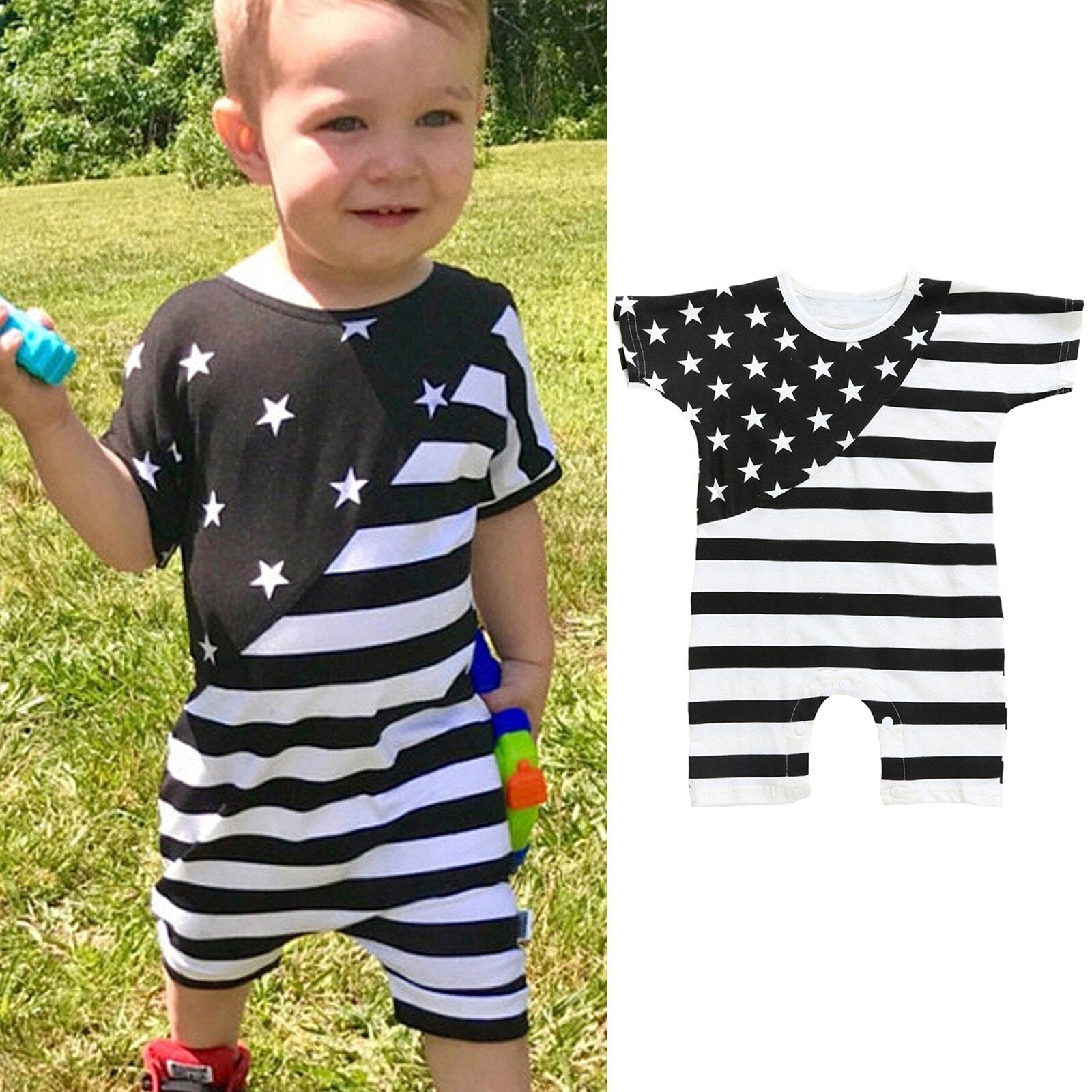 Baby Boy 4th Of July independence Day Short Sleeve Stripe Print Romper