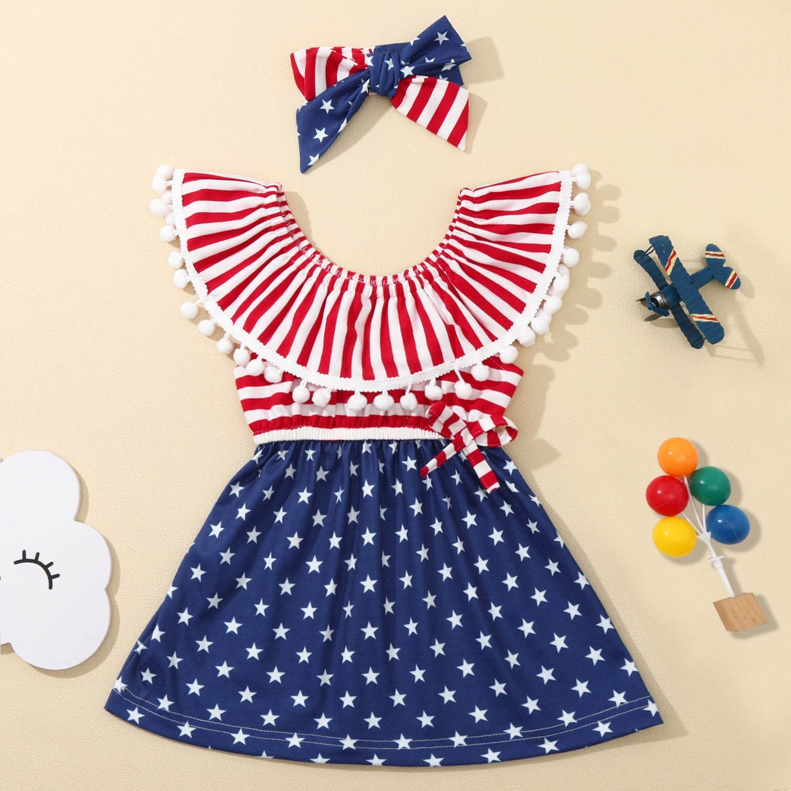 Baby Girl 4th of July Independence Day Tassel Off-shoulder Party Dresses