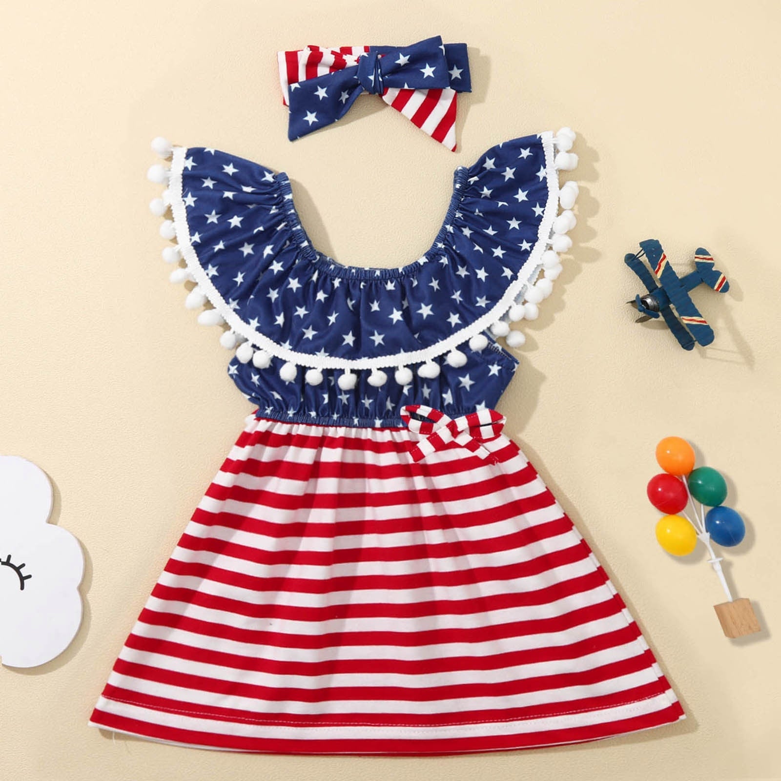 Baby Girl 4th of July Independence Day Tassel Off-shoulder Party Dresses