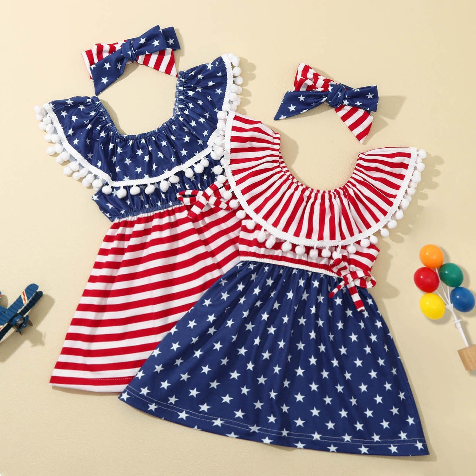 Baby Girl 4th of July Independence Day Tassel Off-shoulder Party Dresses