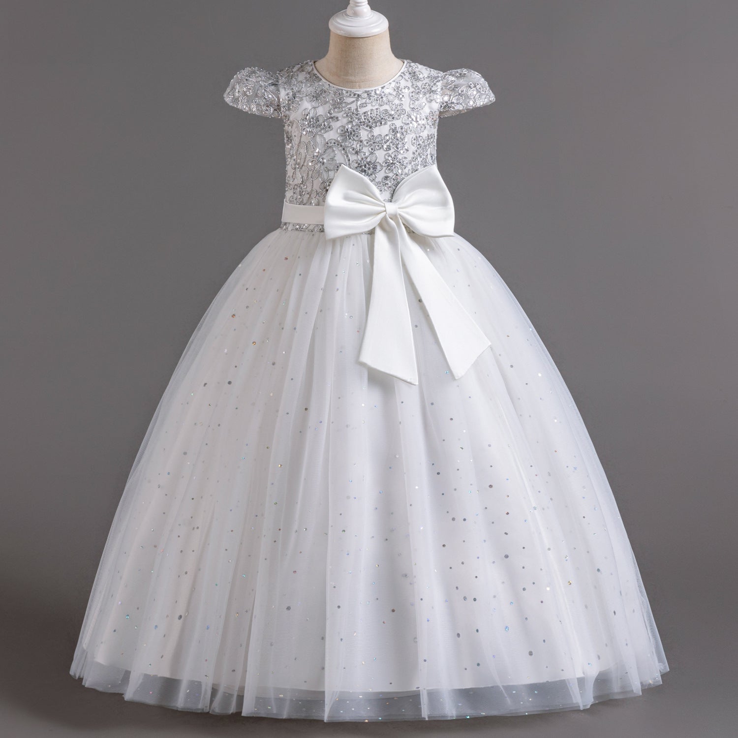 Flower Girl Dress Girls Lace Birthday Party Gown Sequins Big Bow Princess Dress