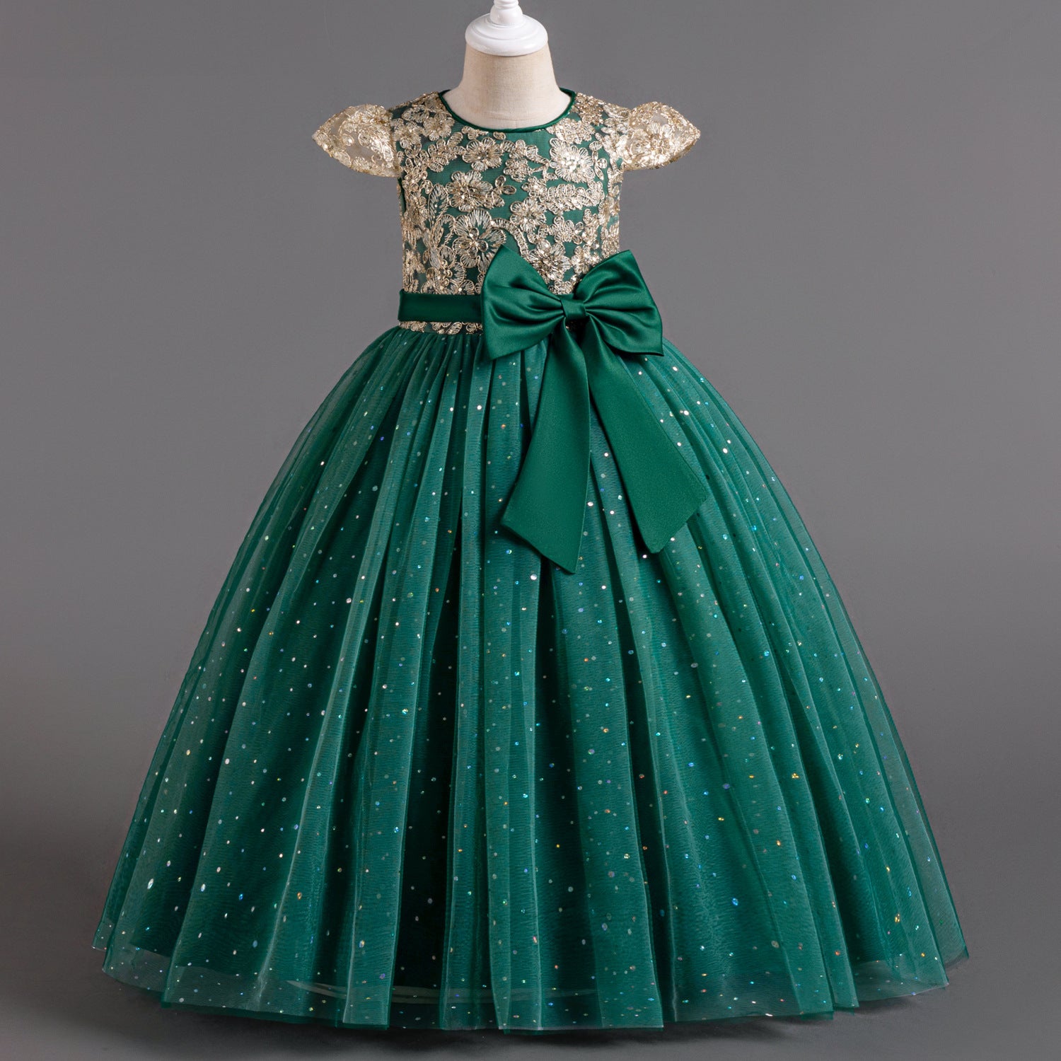 Flower Girl Dress Girls Lace Birthday Party Gown Sequins Big Bow Princess Dress