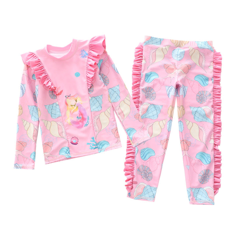 Kid Girl Long Sleeve Beach Ruffled Swimsuits Tops and Bottoms