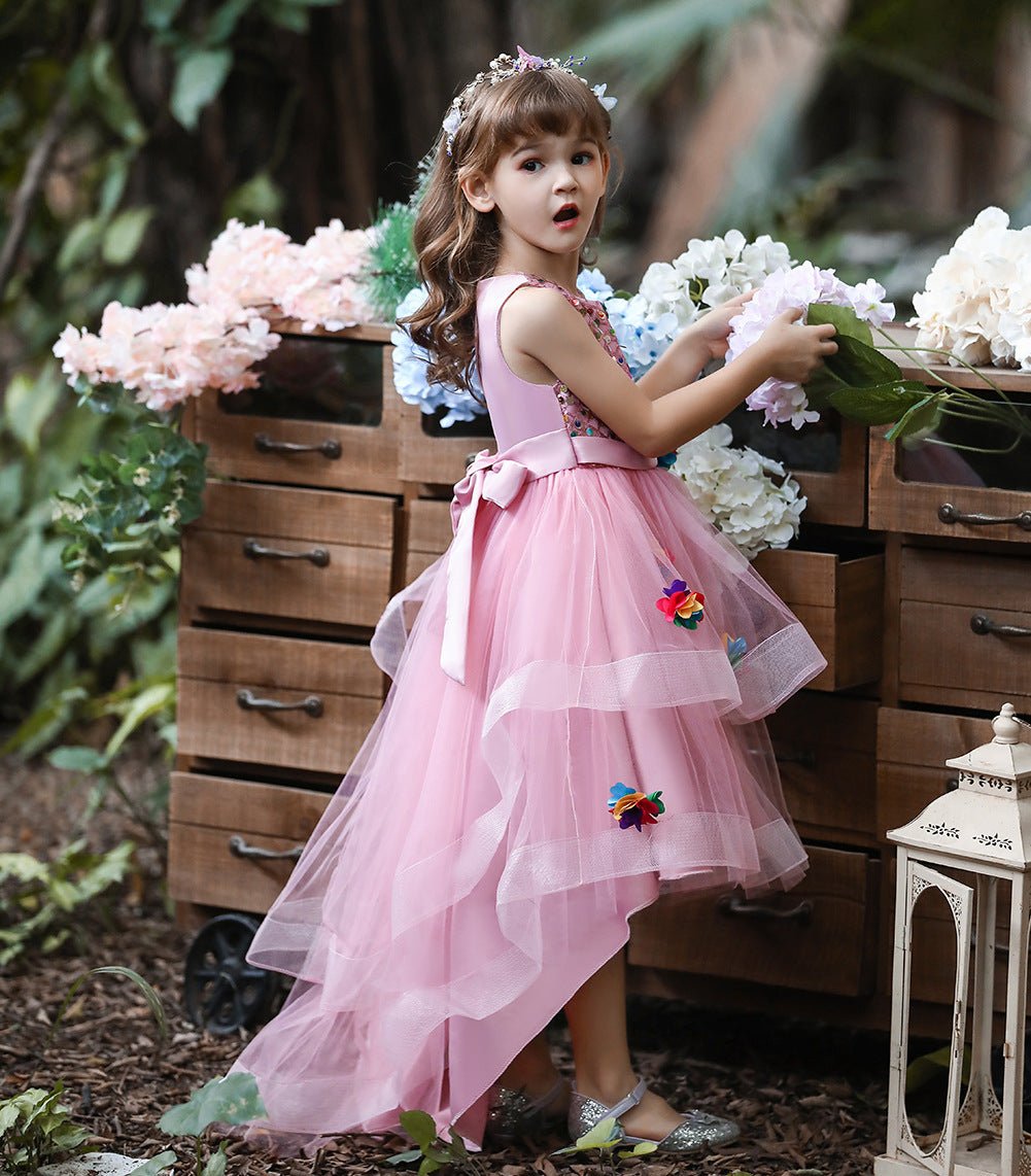 Kid Girl Princess Mesh Flower Tailed Piano Performance Dresses