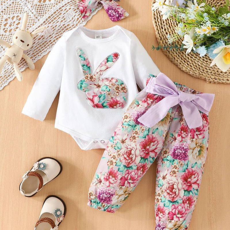 Baby Girls Spring Autumn Easter Rabbit Fragmented Flower 3 Pcs Sets