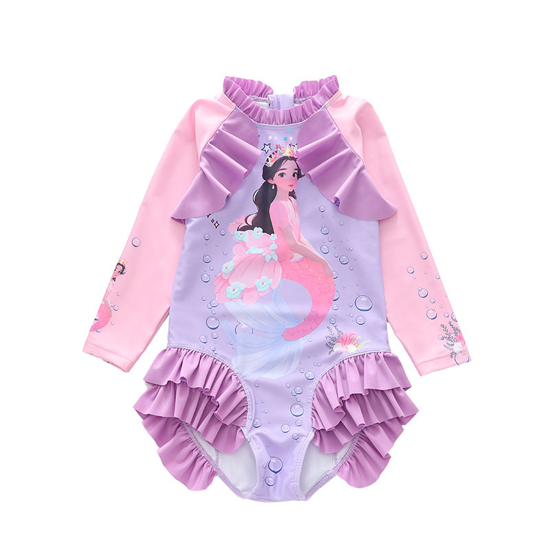 Kid Girl One Piece Long Sleeved Mermaid Ruffle Swimsuit