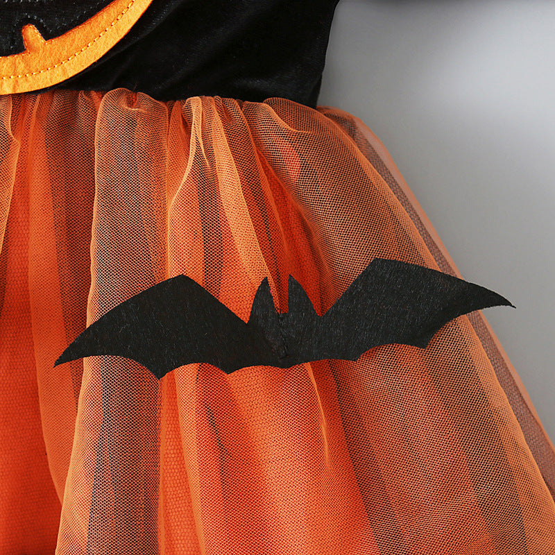 Halloween Kid Baby Girls Long Sleeve Mesh Pumpkin Dress