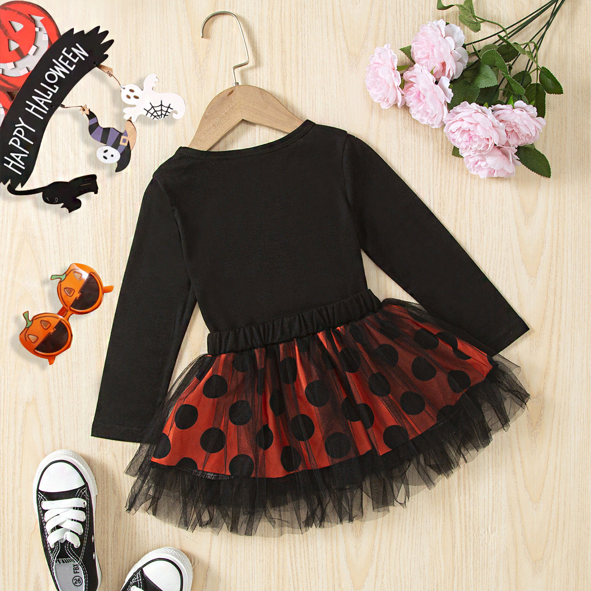 Baby Girls Halloween Pumpkin Print Long Sleeve Mesh Dress