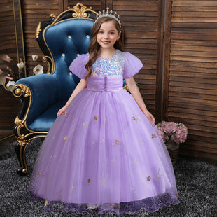 Kid Girl Long Piano Runway Performance Flower Short Sleeved Dresses