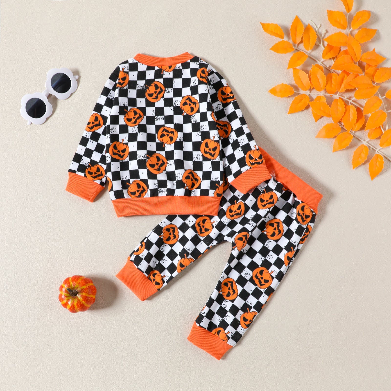 Baby Boy Halloween Checkerboard Pumpkin Suit 2 Pcs Set