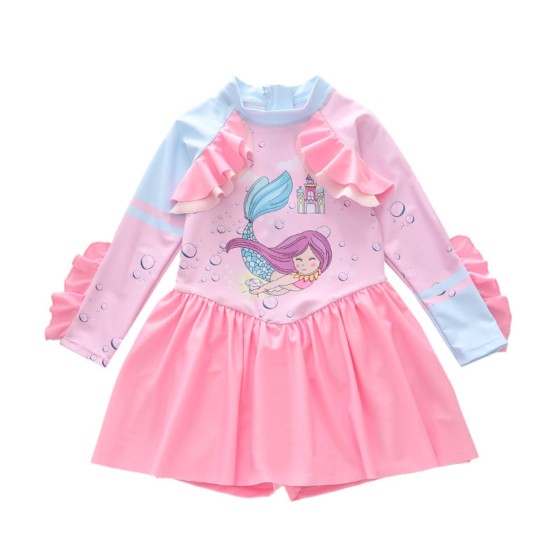 Kid Girl One-piece Swimsuit Long-sleeved Lotus Bathing Swimsuit