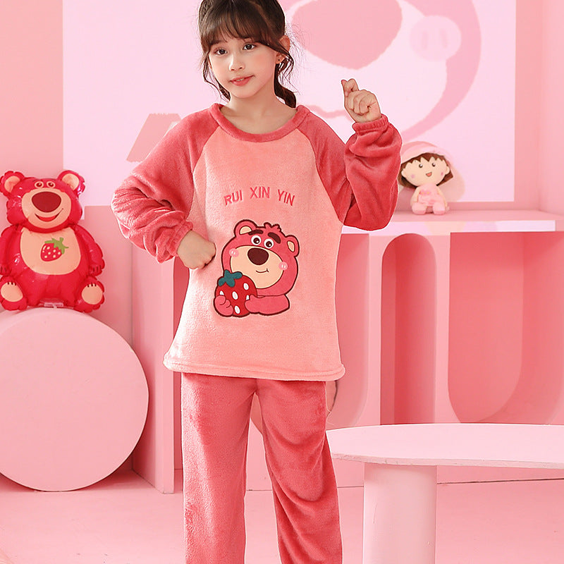 Kid Baby Girls Home Flannel Pajamas Cartoon Velvet Suit