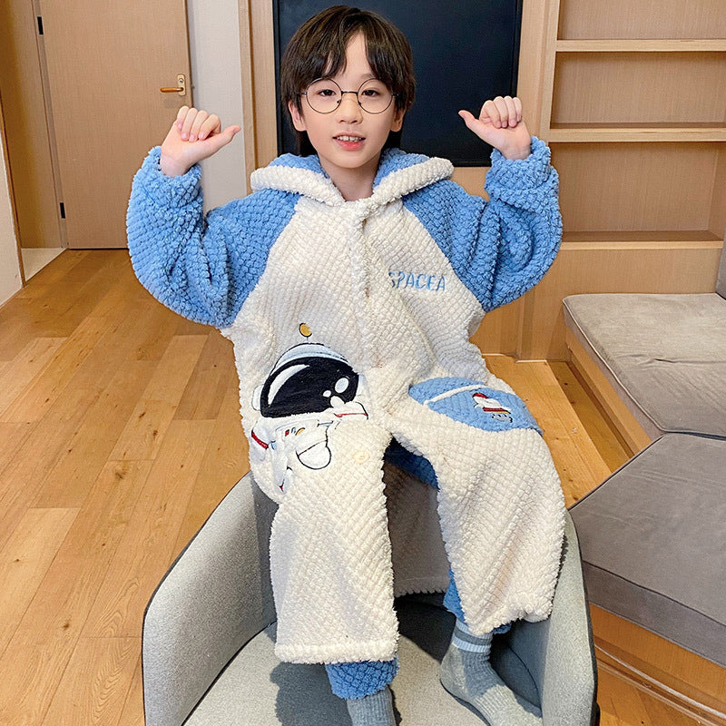 Kid Boy Pajamas Thickened Warm Flannel Coral Fleece Winter Pajamas