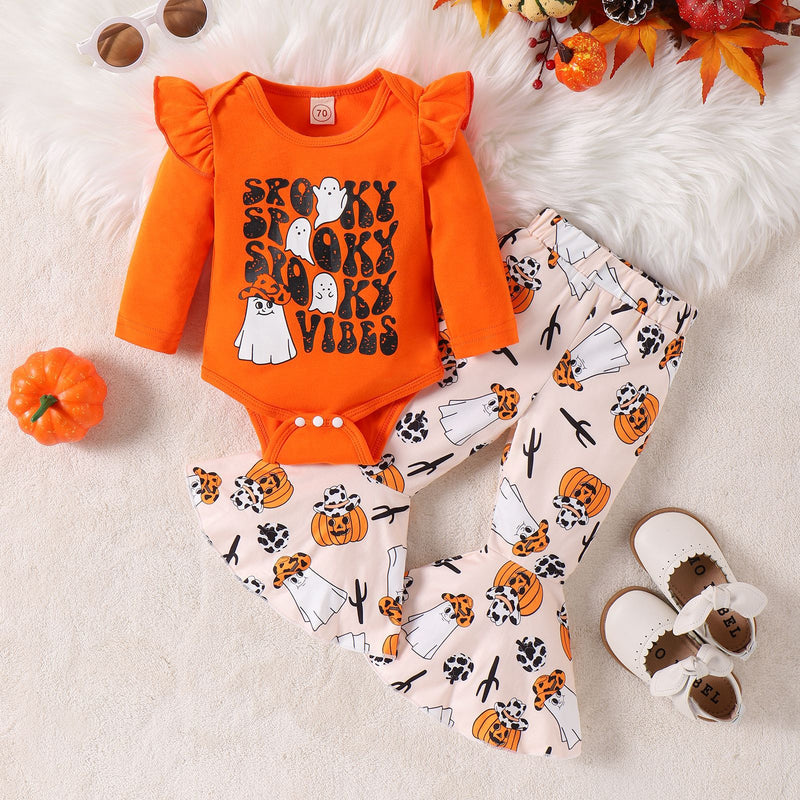Baby Girls Halloween Printed Letter Pumpkin 2 Pcs Sets