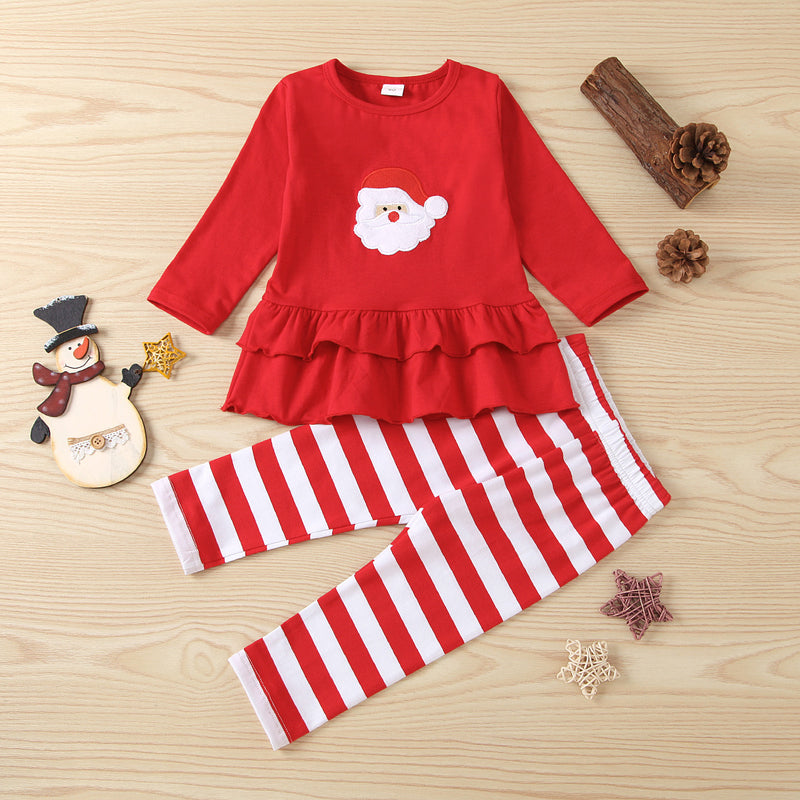 Kid Baby Girls Red Long Sleeved Christmas Striped 2 Pcs Sets
