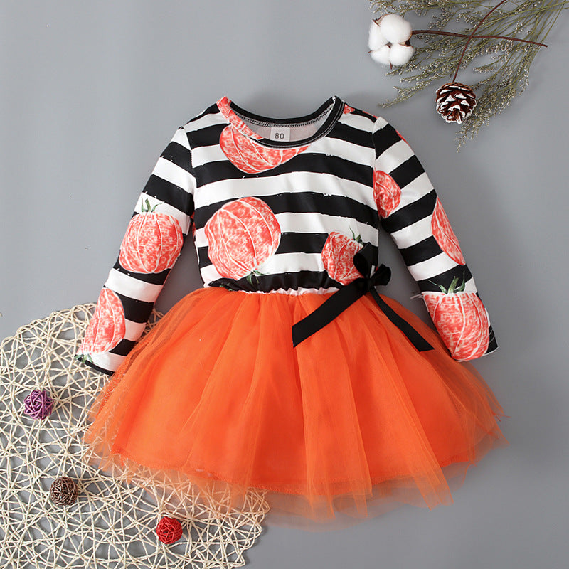 Kid Baby Girls Halloween Pumpkin Long Sleeve Striped Mesh Dress