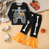 Halloween Kid Baby Girl Skull Print Long-sleeved Suit 2 Pcs Sets