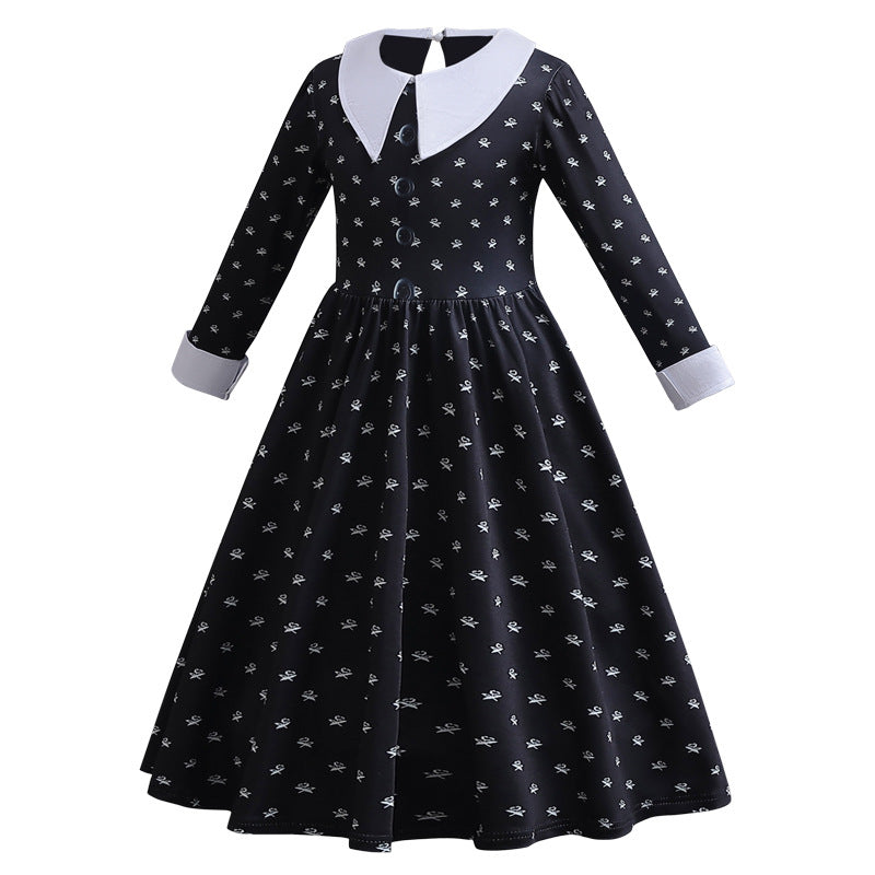 3-13T Girls Movie Wednesday Costume Black Gown Halloween Carnival Party Dresses